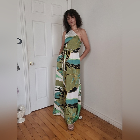 Reiss Elegant Green and White One-Shoulder Dress - Picture 4 of 8